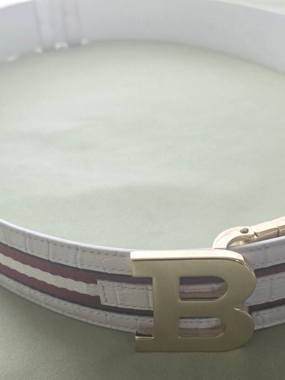 Bally White Crocodile Embossed Belt Gold B Buckle